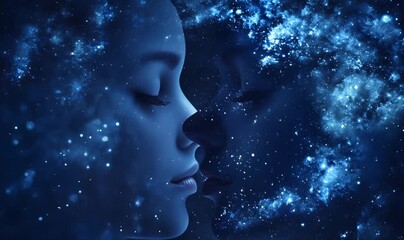 Two ethereal faces merge in a cosmic dance, surrounded by swirling stardust and celestial hues, evoking a sense of spiritual connection and dreamlike unity