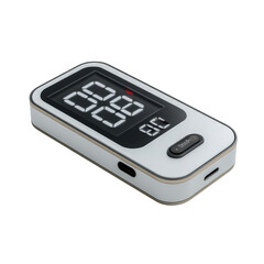 Small digital device with a screen displaying numbers and a button