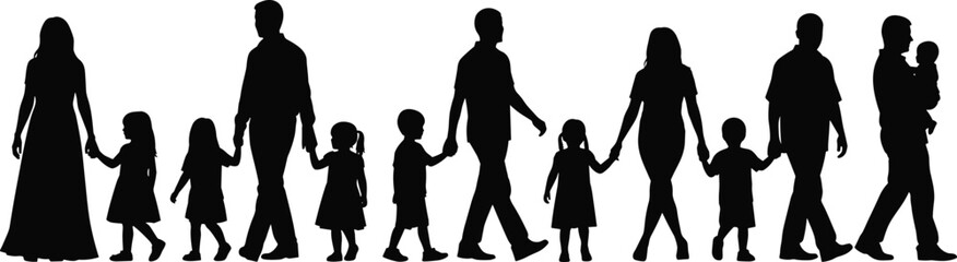 PrintBlack silhouette vector illustration of adults and children standing together in line for family, unity, community, love, care, and lifestyle themes