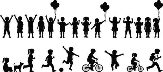 PrintBlack silhouette vector illustration of children playing, running, cycling, and engaging in various outdoor activities, sport, leisure, pets, and school life