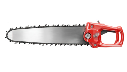 Red chainsaw on black. Blade, chain detail. Equipment for cutting wood