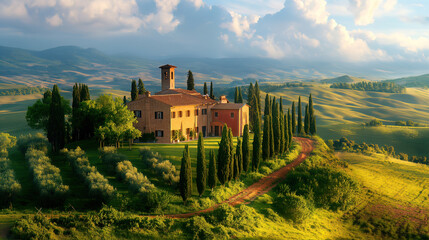A picturesque Tuscan villa sits on a rolling green hill, surrounded by cypress trees and olive groves under a beautiful sky. The warm light of the setting sun highlights the rural Italian landscape