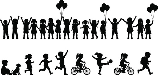 PrintBlack silhouette vector illustration of children playing, running, cycling, and enjoying outdoor activities with balloons, pets, school, sport, and leisure themes