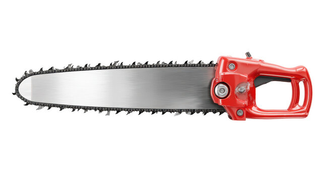 Red chainsaw on black. Blade, chain detail. Equipment for cutting wood