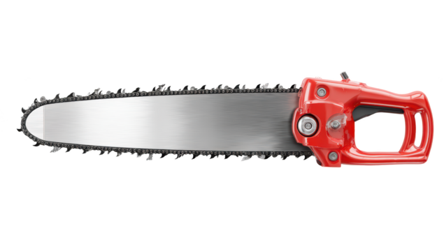 Red chainsaw on black. Blade, chain detail. Equipment for cutting wood