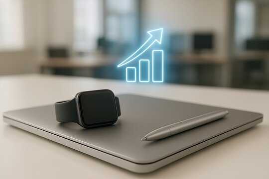 Smartwatch and stylus on laptop with glowing business growth chart hologram