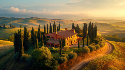 Naklejka premium A classic Tuscan stone villa sits on a rolling hill, surrounded by iconic cypress trees under the warm glow of a beautiful sunset.