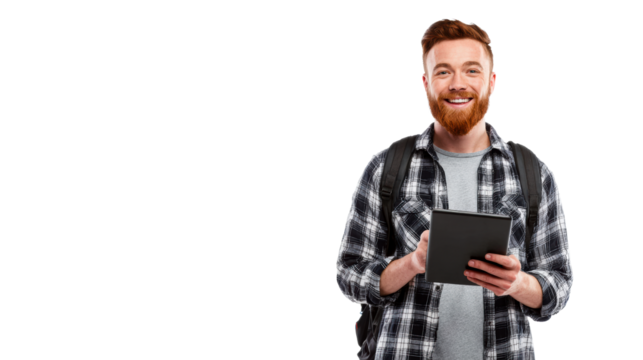 Smiling man with red hair and beard holding a tablet computer - Powered by Adobe