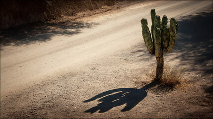 Cactus casting a long shadow on a dusty road in the desert during late afternoon sunlight