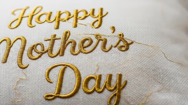 Handmade Gold Embroidered Happy Mother's Day Text on Linen Fabric Close-Up Video