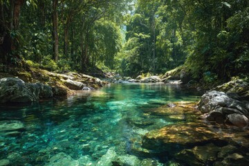 Fototapeta premium Tropical river flowing through lush rainforest