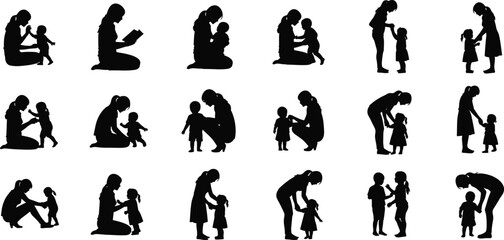 PrintBlack silhouette vector set of adult woman caring for child in various parenting, teaching, nurturing, and playful family activity poses