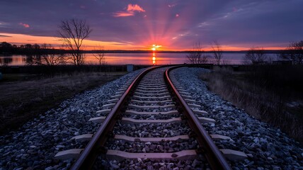Fototapeta premium Dramatic sunset over tranquil lake with converging railway tracks leading towards the horizon and vibrant sky