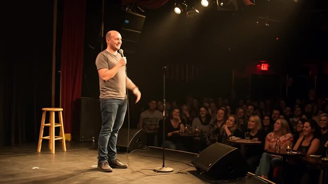 Comedian performs for a laughing audience in a dark theater with red exit signs