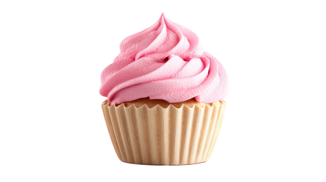 Pink Swirled Frosting on Vanilla Cupcake in Fluted Paper Liner
