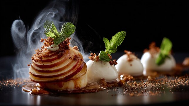 Modern plated apple dessert with molecular garnish and dramatic lighting
