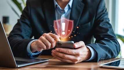 Businessman using smartphone with glowing digital shield protection overlay symbolizing cybersecurity and data safety in modern office environment