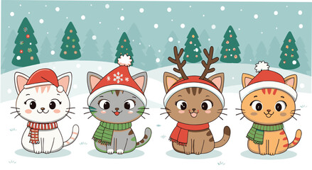 Fototapeta premium Four cute cartoon cats wearing Christmas hats and scarves in a snowy forest with decorated trees