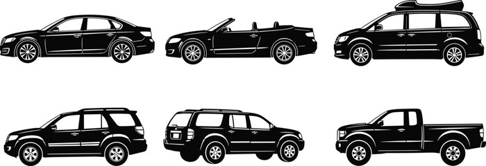 PrintBlack Silhouette Vector Set of Six Different Car Types Including Sedan SUV Pickup Convertible Minivan for Automotive Design and Transportation Concepts