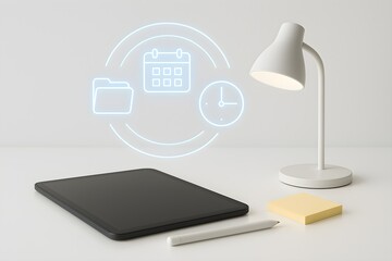 Modern workspace with digital calendar and desk lamp