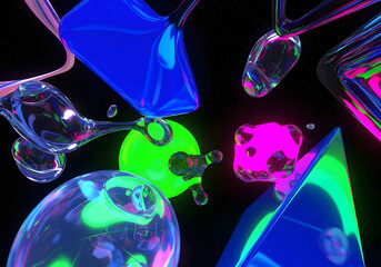 Vibrant abstract fluid shapes glowing with neon colors floating dynamically on a Transparent Background modern futuristic digital art