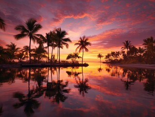 Obraz premium Tropical sunset reflecting in calm water, palm trees silhouette, peaceful lagoon