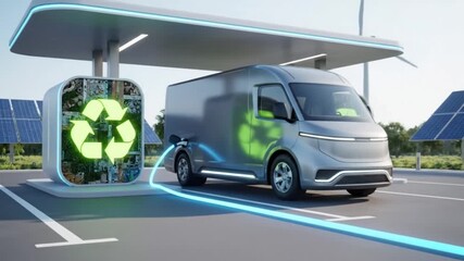 A modern electric delivery van charges at a futuristic station, powered by solar energy and displaying a recycling symbol, representing sustainable urban logistics. - Powered by Adobe