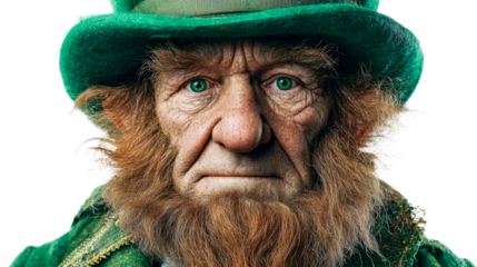 Close up of an elderly man with weathered skin, a red beard and green eyes wearing a green hat