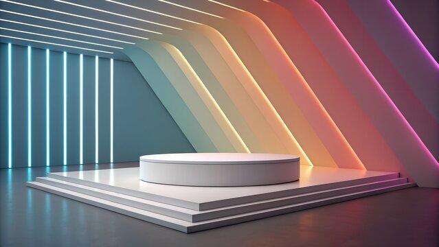 Futuristic stage with multilevel podium and vibrant neon lighting, ideal for modern presentations