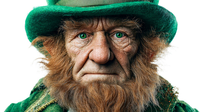 Close up of an elderly man with weathered skin, a red beard and green eyes wearing a green hat