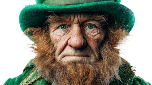 Close up of an elderly man with weathered skin, a red beard and green eyes wearing a green hat - Powered by Adobe
