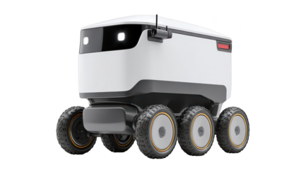 Autonomous delivery robot with multiple wheels, carrying supplies