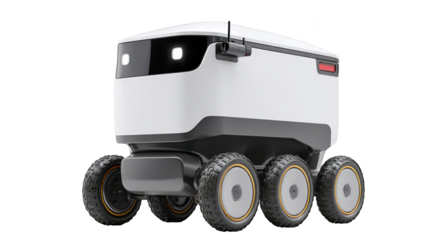 Autonomous delivery robot with multiple wheels, carrying supplies