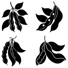 Fototapeta premium Four black and white illustrations of bean pods and leaves in varying arrangements and orientations