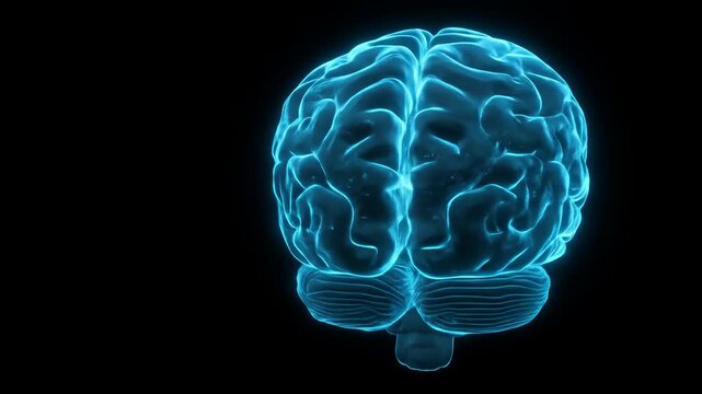 Glowing blue human brain on black background, showing anatomical features and texture