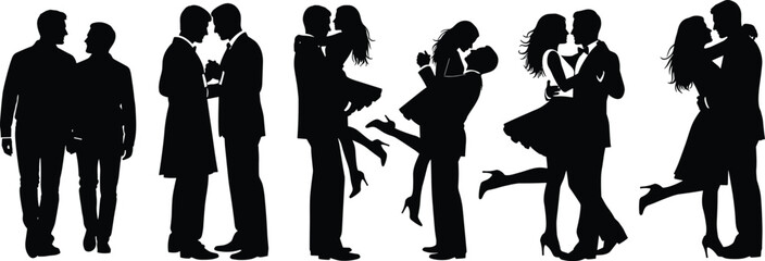 PrintBlack silhouettes of romantic couples in various affectionate poses, embracing, kissing, dancing, symbolizing love, passion, connection, and companionship illustration