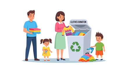 A thoughtful family actively participates in the heartwarming act of donating clothes to a designated collection bin, fostering community support and promoting sustainable practices