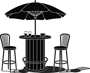 PrintOutdoor cafe table with umbrella and bar stools, drinks and coffee cup, black silhouette vector for summer patio restaurant design