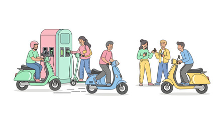 An illustrative depiction of modern urban life where people embrace electric scooters for sustainable commuting and utilize convenient charging stations