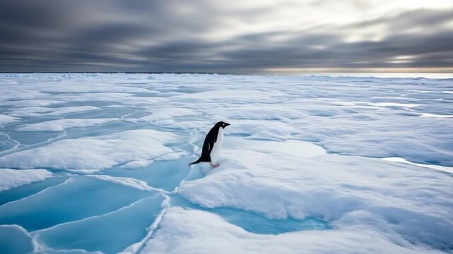Penguin Standing on Arctic Ice Floe Against Cloudy Sky showcasing wildlife habitat