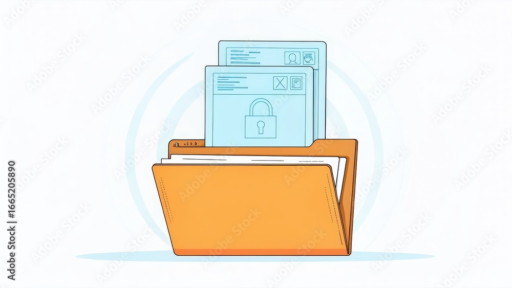 Poster medical data protection software illustration of a folder containing documents with a lock symbol, r