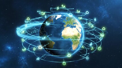 A glowing digital network of interconnected nodes and green leaf icons circles Earth, symbolizing global communication, sustainable technology, and environmental responsibility. - Powered by Adobe