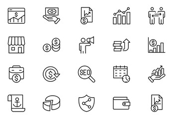 Sales marketing icon set. website, social media, seo, sales, and more, Filled vector symbol collection. glyph icons for web and UI.  Thin outline icons pack. Vector illustration.