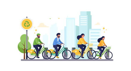 City residents embracing sustainable urban mobility, cycling shared bicycles through a modern metropolitan landscape, emphasizing eco-friendly transport and active community lifestyles