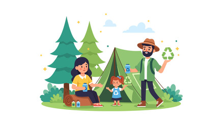 A happy family enjoys an eco-conscious camping trip in nature, demonstrating sustainable practices and embracing a zero-waste lifestyle for environmental protection