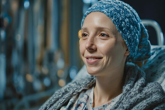 Hopeful patient smiles while holding hands with loved one, finding comfort and support during difficult time