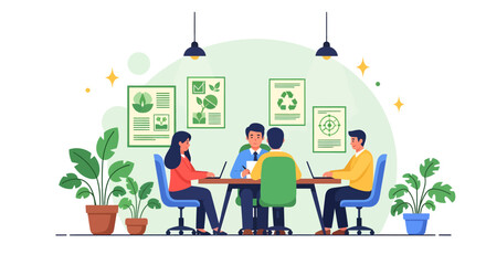 Dynamic team collaboration in a modern boardroom, strategizing for sustainability with eco-friendly initiatives and green project development