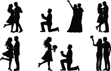 Obraz premium PrinRomantic couples silhouette set featuring proposals, affectionate embraces, and celebratory poses, ideal for Valentine’s Day, weddings, and love themed vectort
