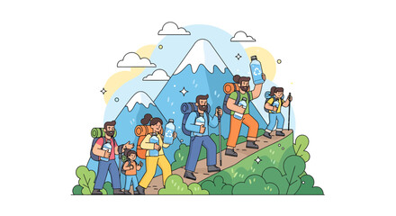 Obraz premium A family of hikers with reusable bottles embarks on an adventurous mountain trek, promoting eco-friendly outdoor recreation and sustainable travel practices