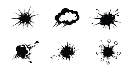 Collection of comic book style explosion and impact graphic elements in black © nhpvect02